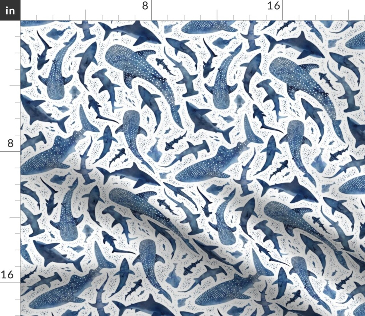 Ocean Under The Sea Coastal Nature Kids Beach Sharks Whale Marine Life Small Scale Playroom Blue Monochrome Great White Shark Biology Custom Printed Fabric by Spoonflower Various Fabrics by the Yard or Fat Quarter